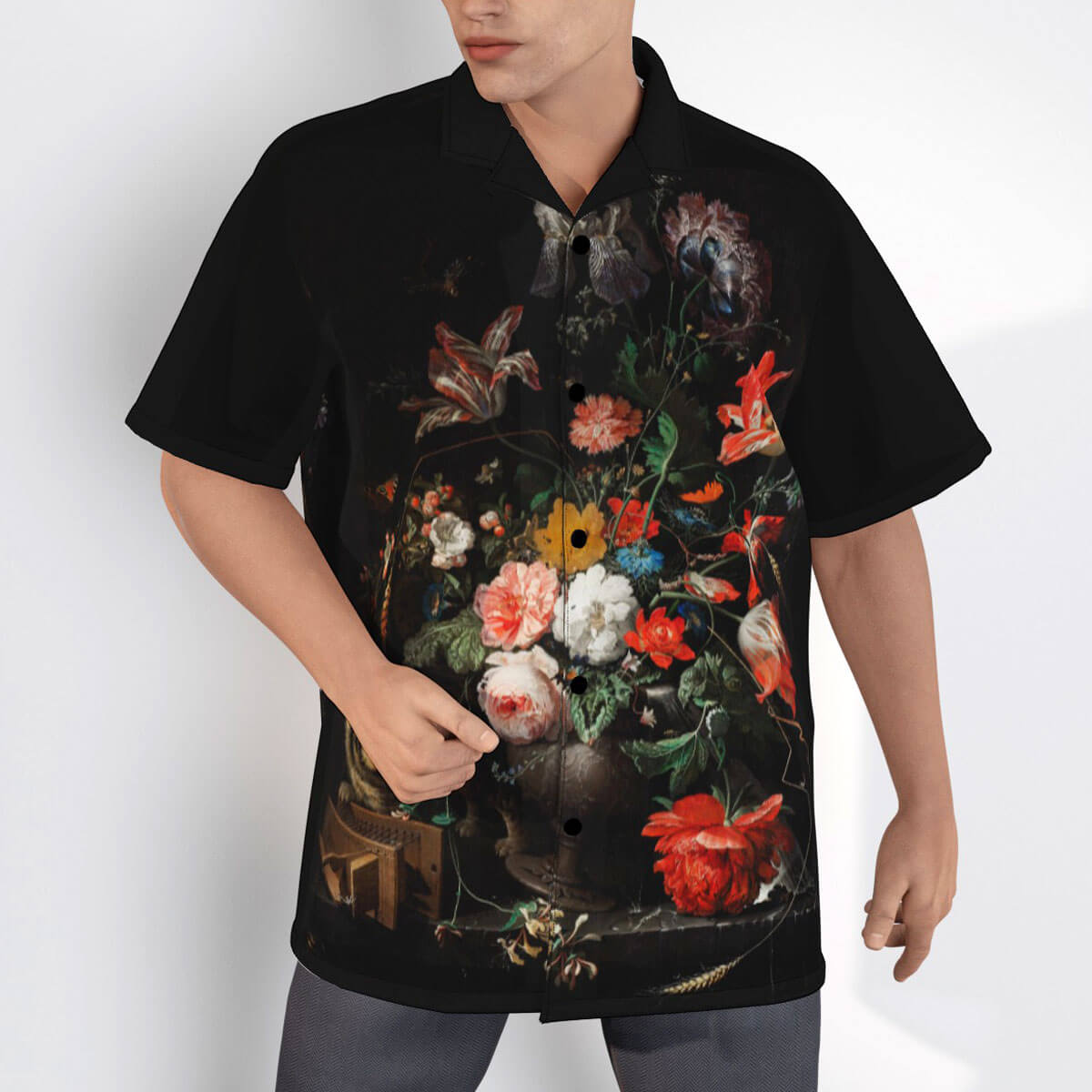 Back view of Abraham Mignon Overturned Bouquet Shirt showcasing full painting