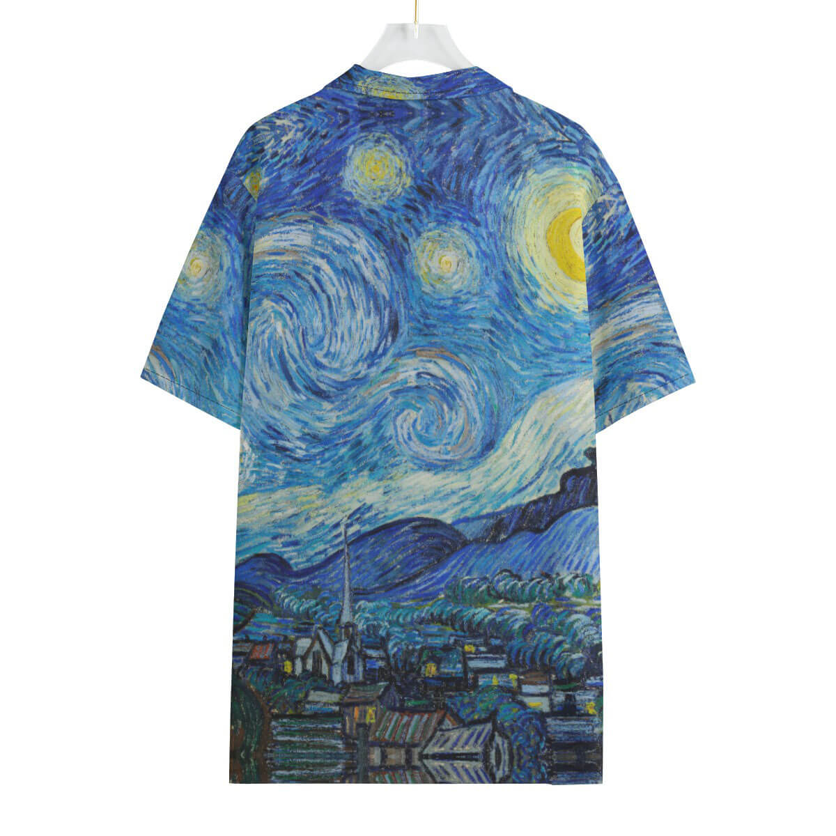 Close-up of Starry Night print on artistic Hawaiian shirt fabric