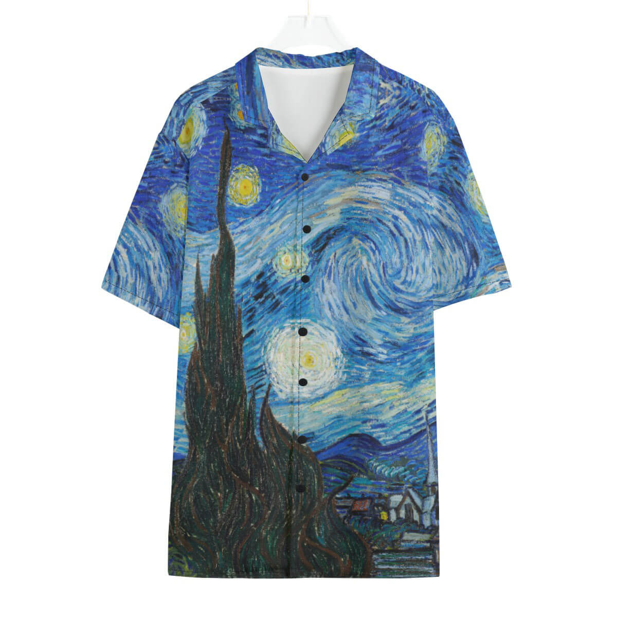 The Starry Night by Van Gogh Hawaiian Shirt on model at beach sunset