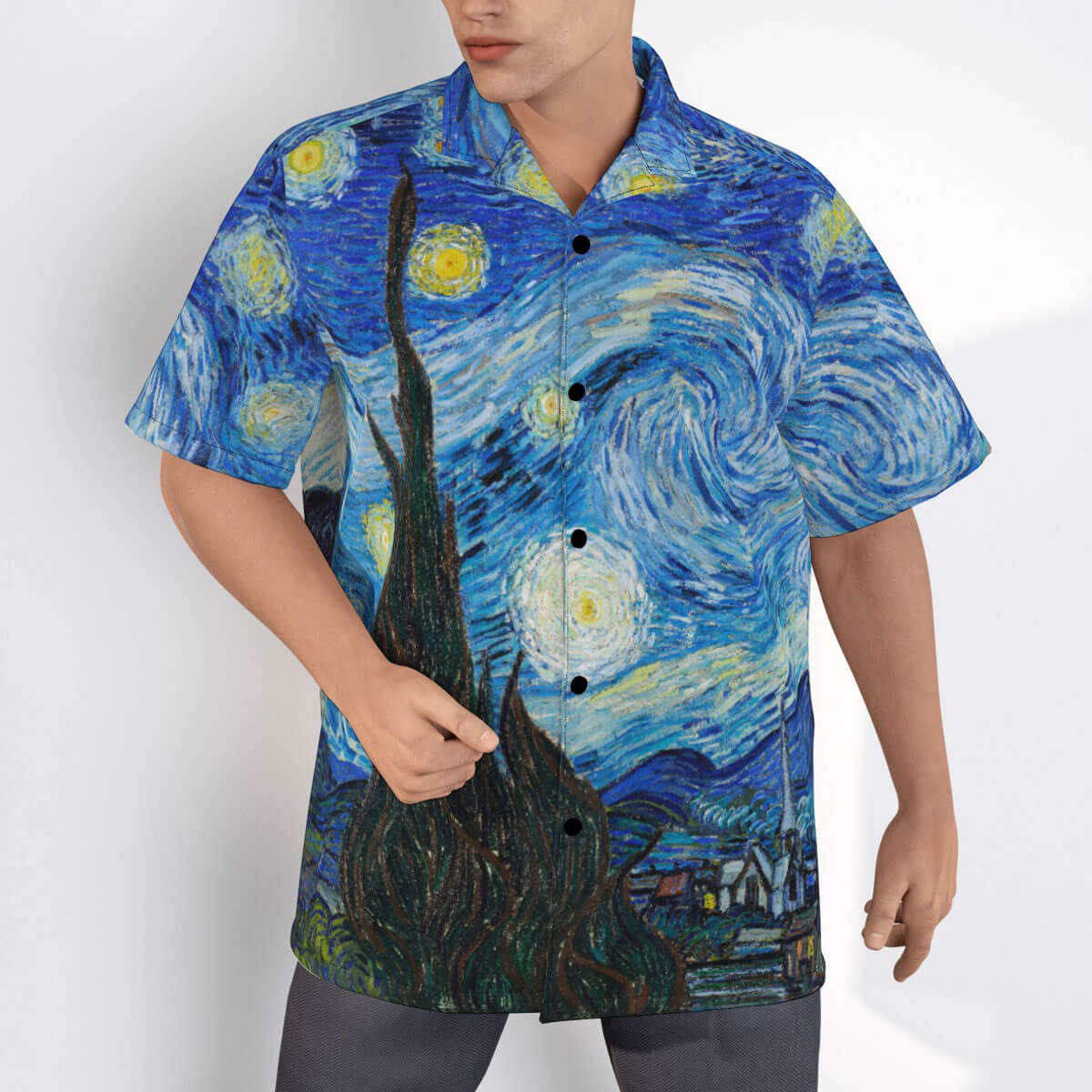 Detail of shirt collar showing Van Gogh's Starry Night swirls