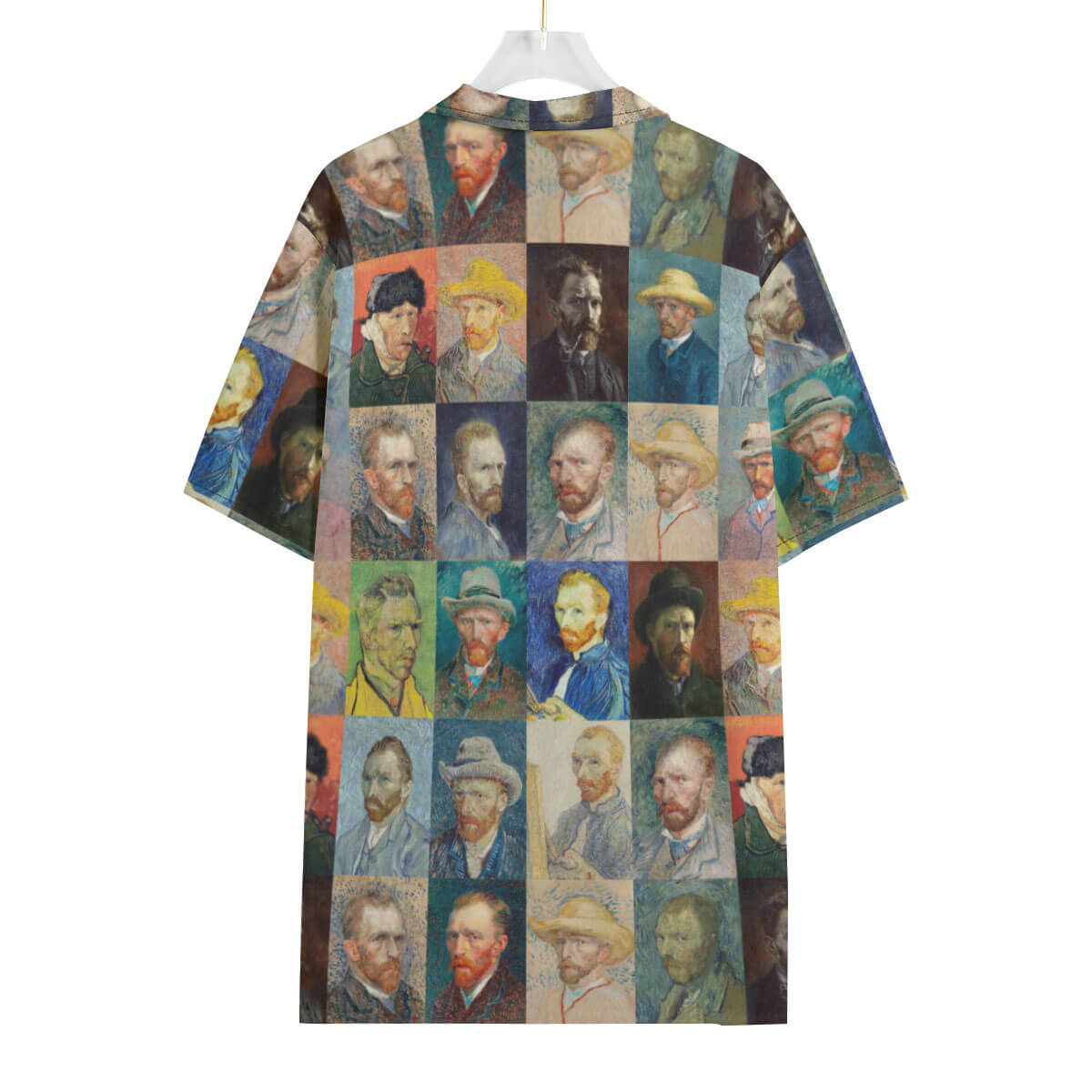 Close-up of digital print details on Van Gogh inspired Hawaiian shirt.