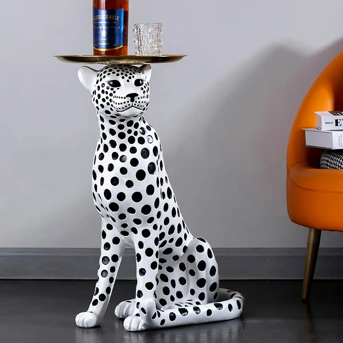 White Leopard Side Table with black finish, artistic animal print design