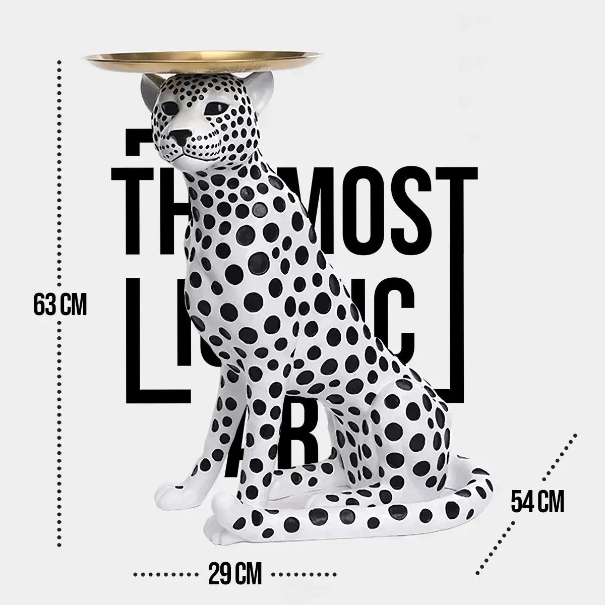 White Leopard Side Table dimensions showing 63cm length, 29cm width, 54cm height