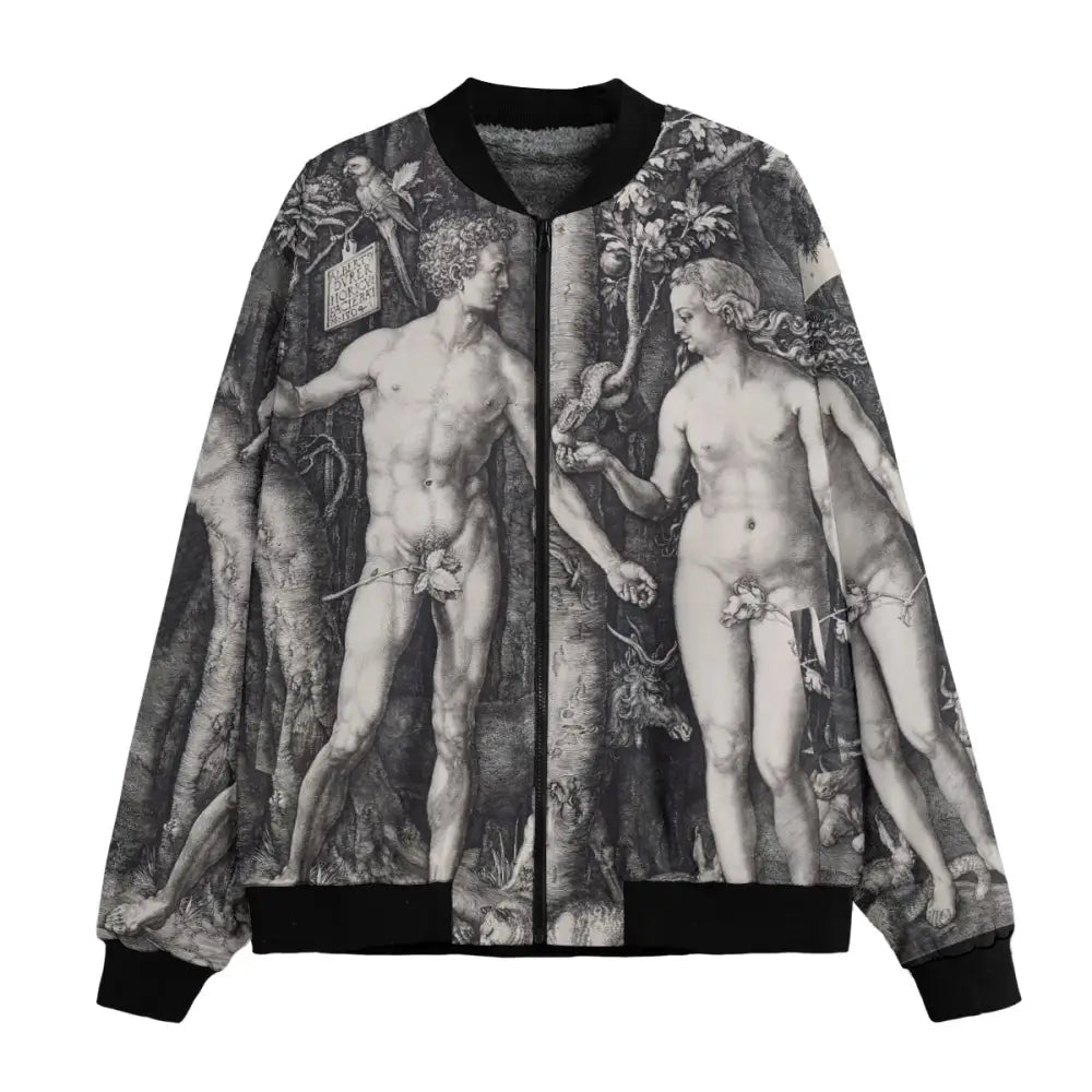 Adam and Eve by Albrecht Dürer Bomber Jacket front view showing Renaissance masterpiece print