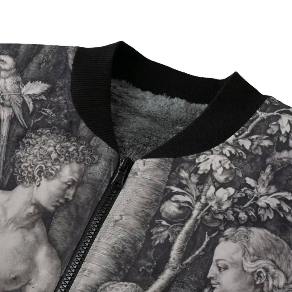 Close-up of Adam and Eve engraving detail on artistic bomber jacket showing Dürer's precise linework