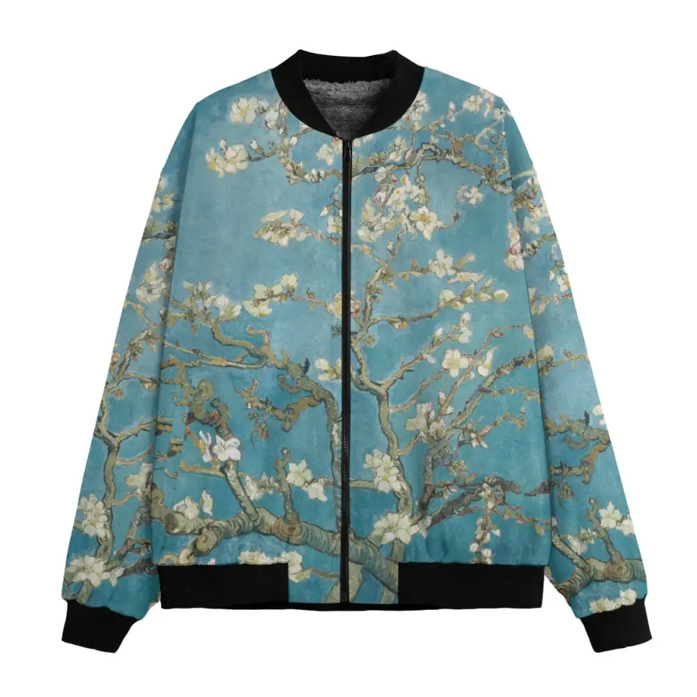 Almond Blossom by Vincent van Gogh Bomber Jacket front view showing blue sky and flowering branches