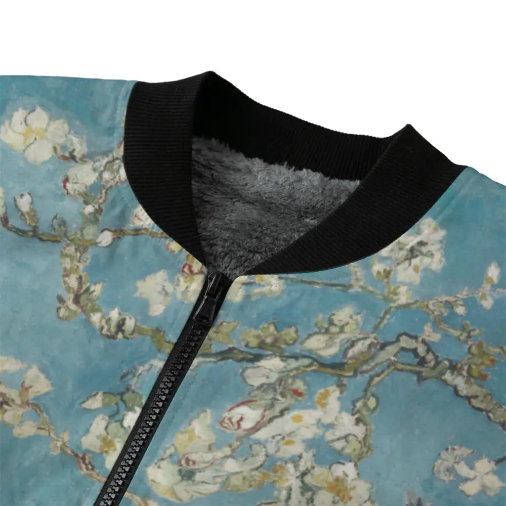 Black zipper and pocket details on Almond Blossom by Vincent van Gogh jacket