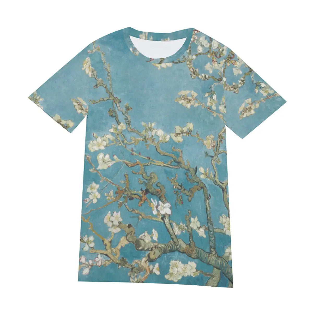 Premium all-over print cotton T-shirt (190GSM) featuring Vincent Van Gogh's famous flowering almond branches motif, highlighting the classic round neckline
