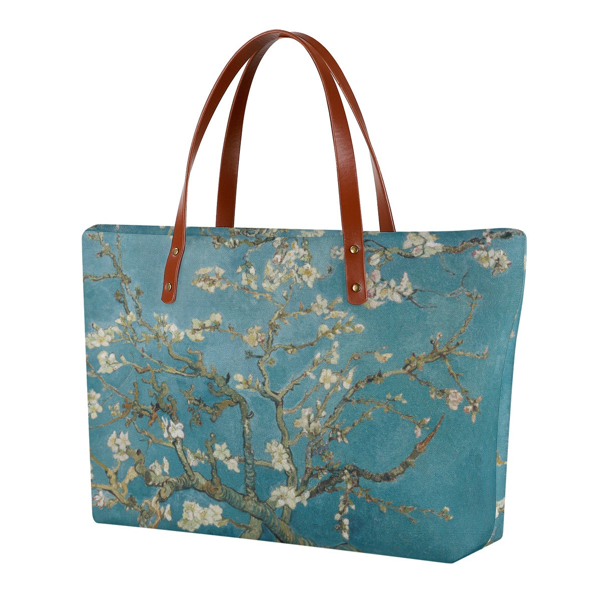 Van Gogh Almond Blossom Tote Bag with brown straps and black zipper