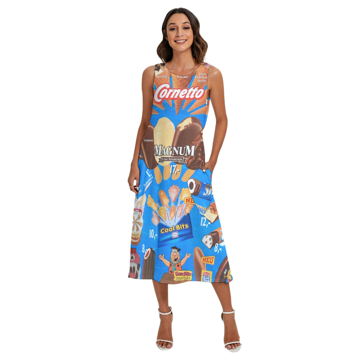 Vibrant ice cream print sleeveless summer dress