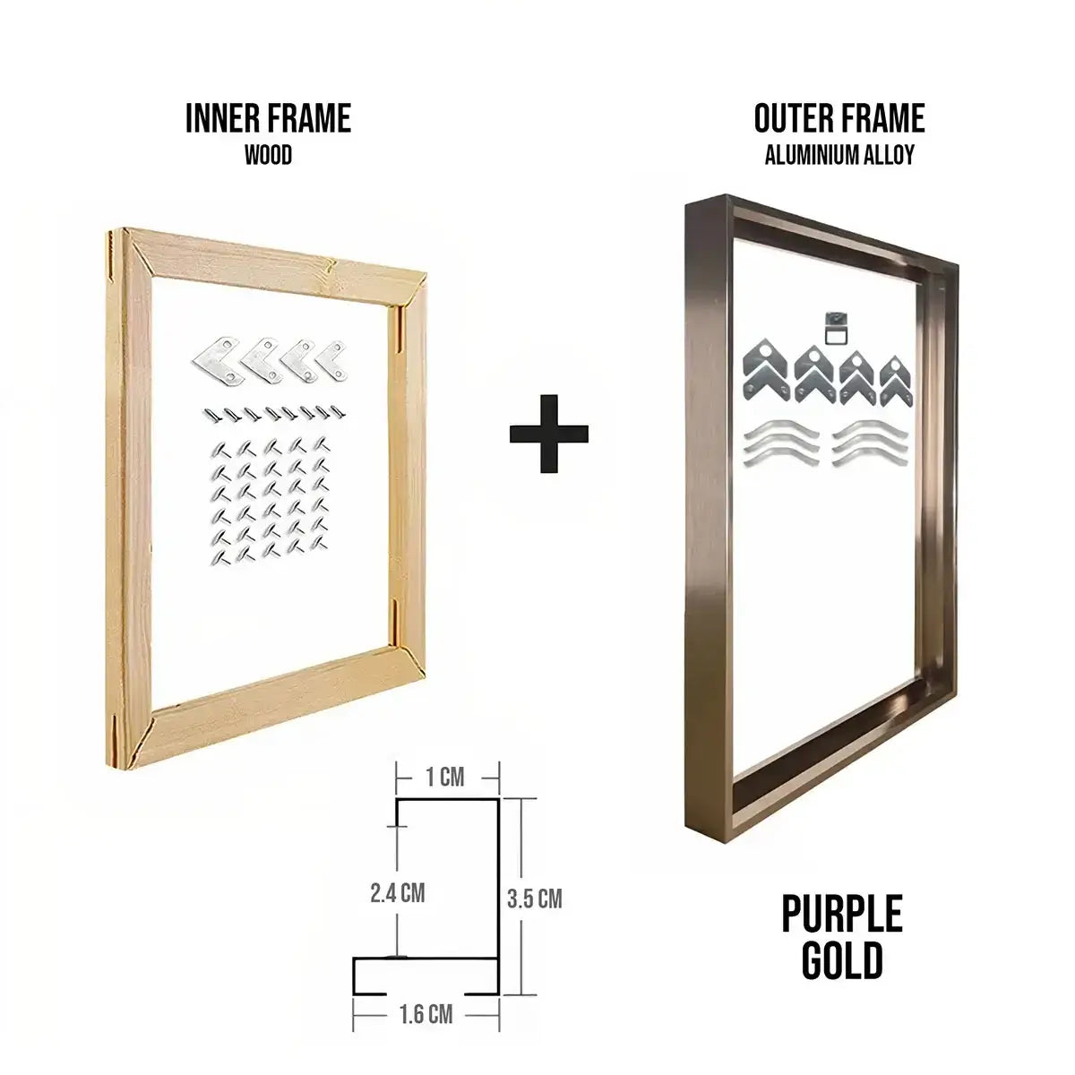 Complete aluminum frame kit components laid out including frame pieces, hardware, and tools