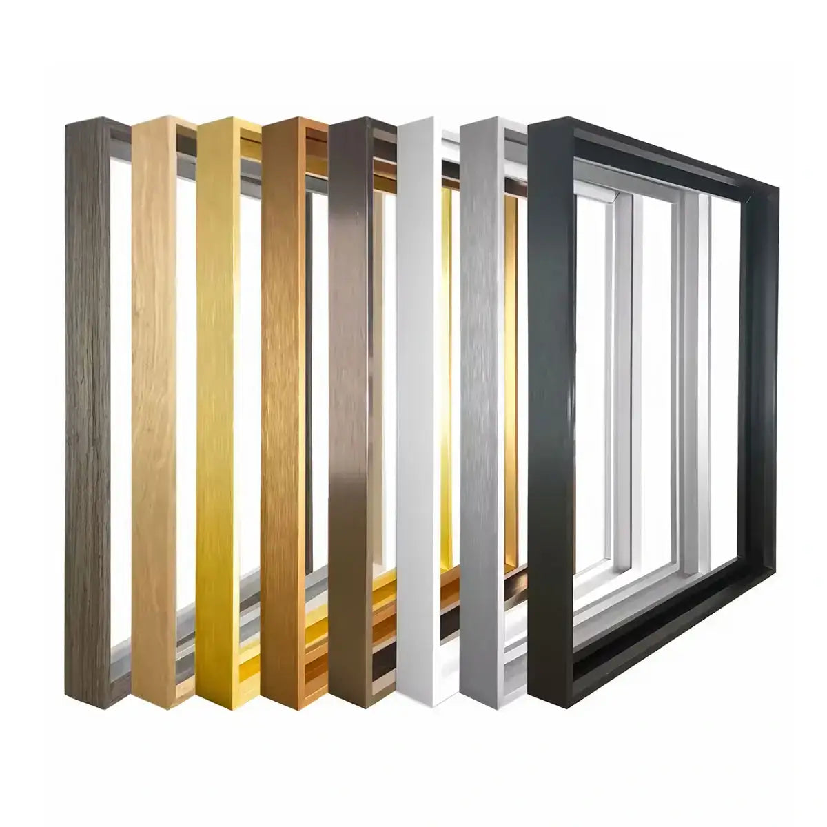 Eight premium aluminum frame finishes including black, white, silver, and gold displayed in a row