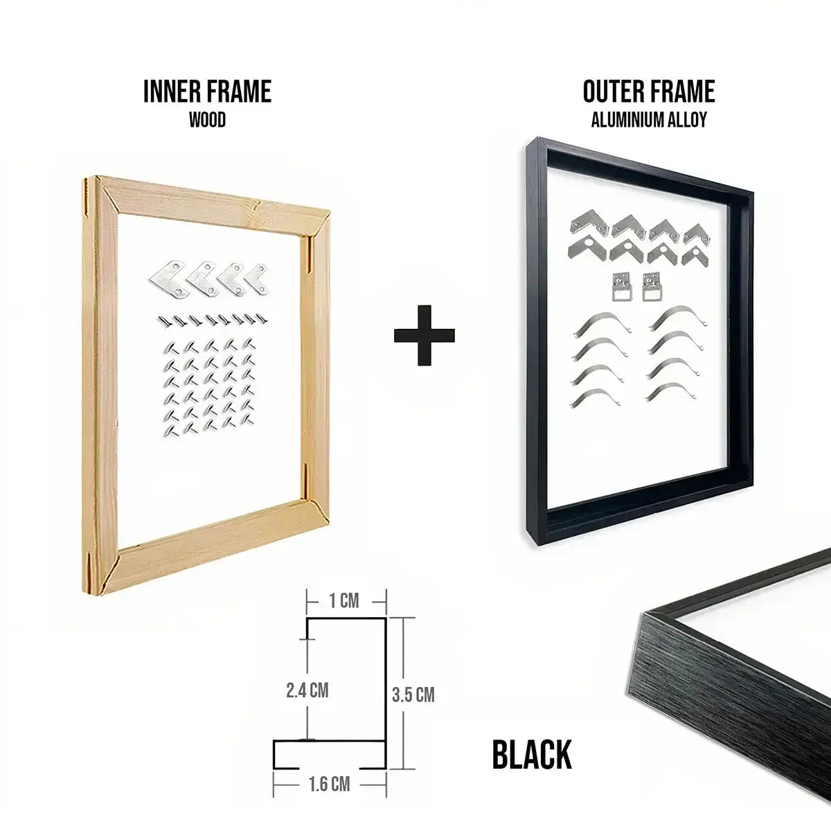 Step-by-step display of aluminum frame mounting system and hanging hardware