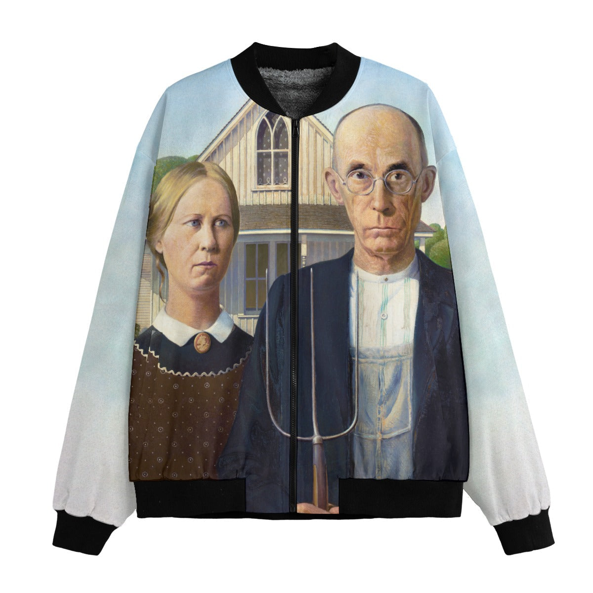 American Gothic by Grant Wood bomber jacket featuring iconic farmer and daughter artwork on eco-friendly fabric, front view