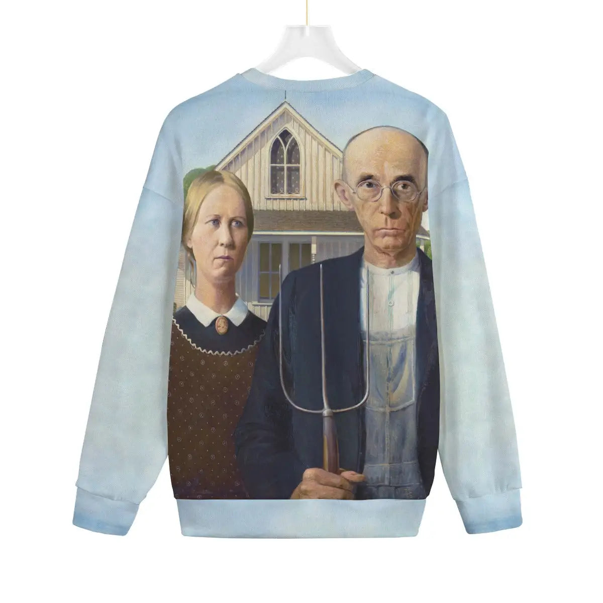 Back view of artistic sweater showing complete American Gothic house scene