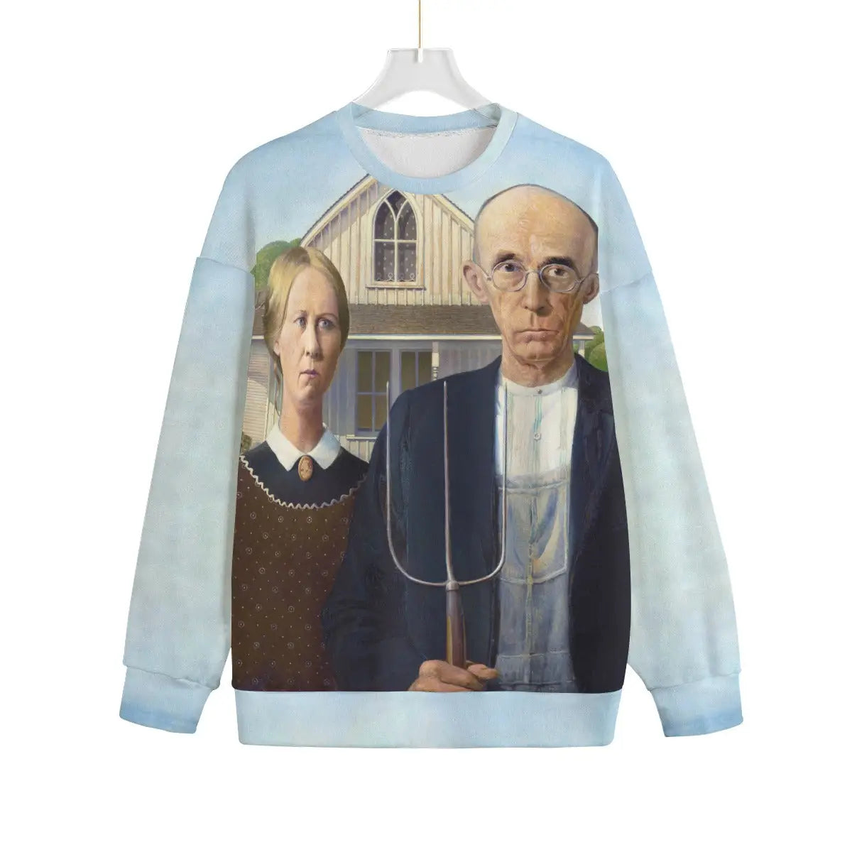 American Gothic by Grant Wood Sweater showing full artwork print on white Hacci fleece