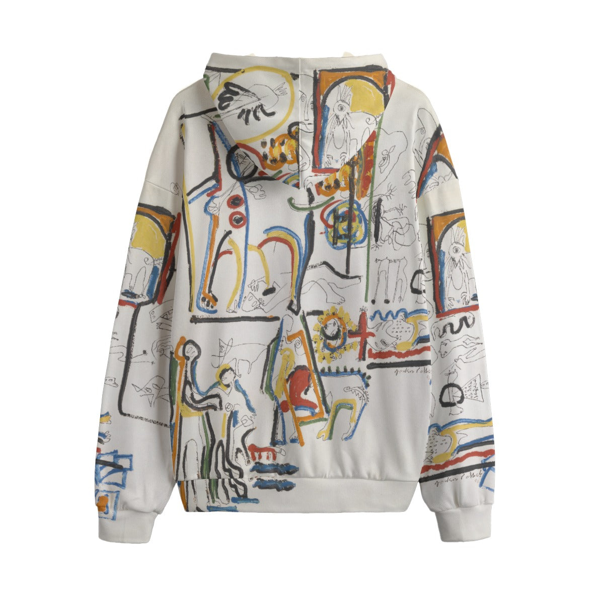 Rear view of abstract expressionist hoodie featuring Pollock's Animals and Figures