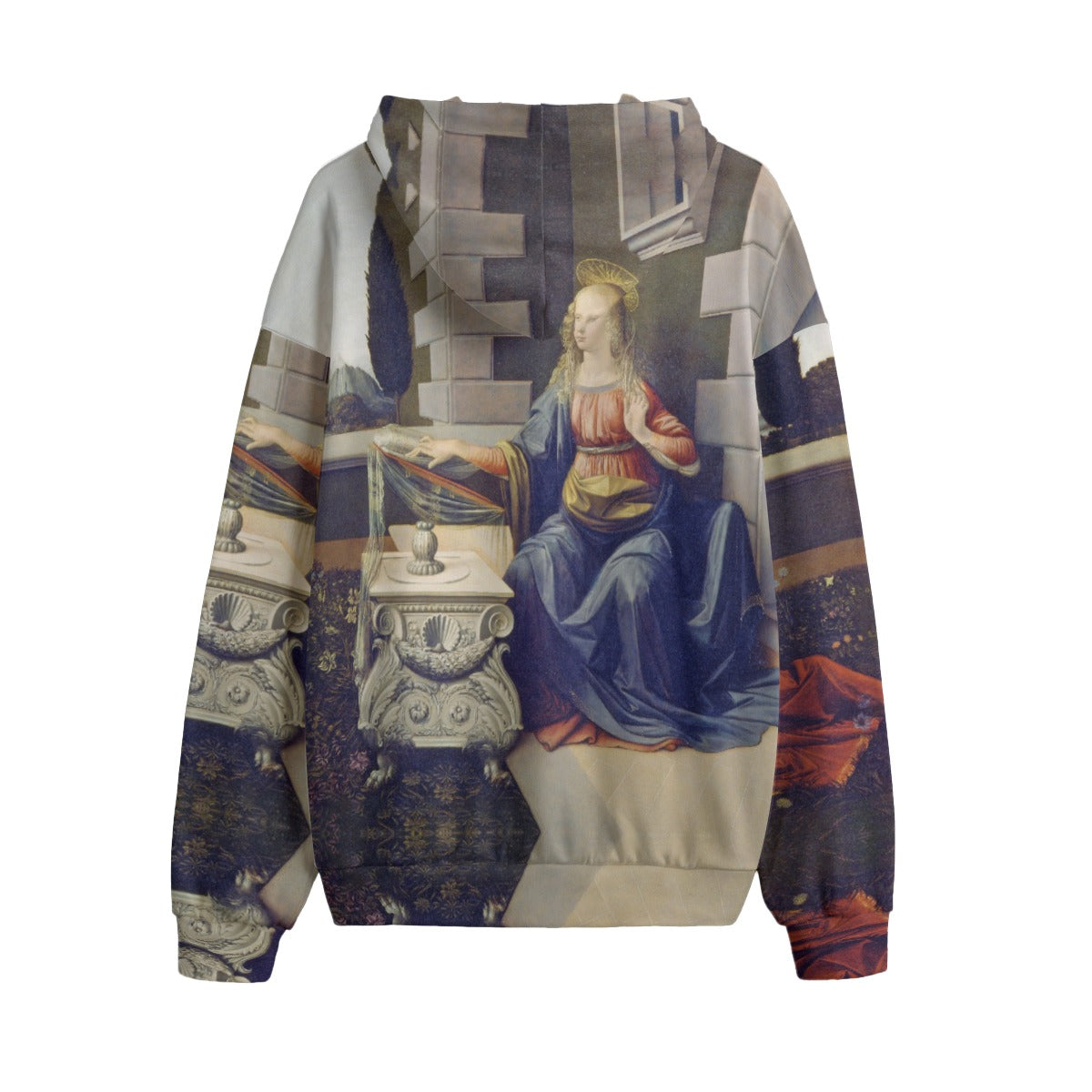 Annunciation hoodie showcasing Virgin Mary and Archangel Gabriel