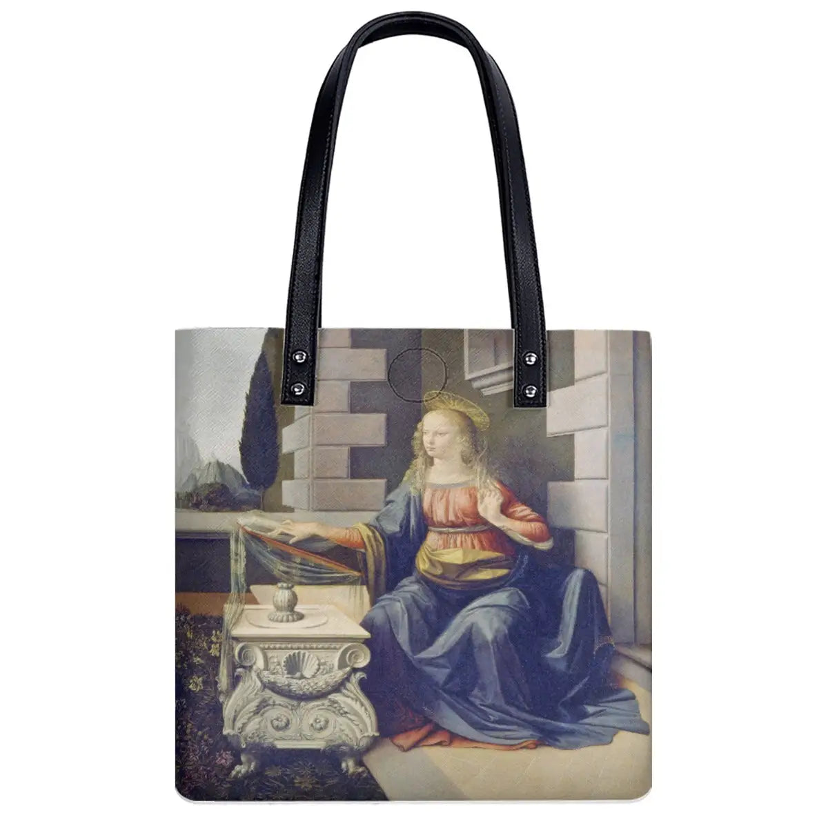 Waterproof art shoulder bag featuring the Annunciation painting, showing black zipper and strap details