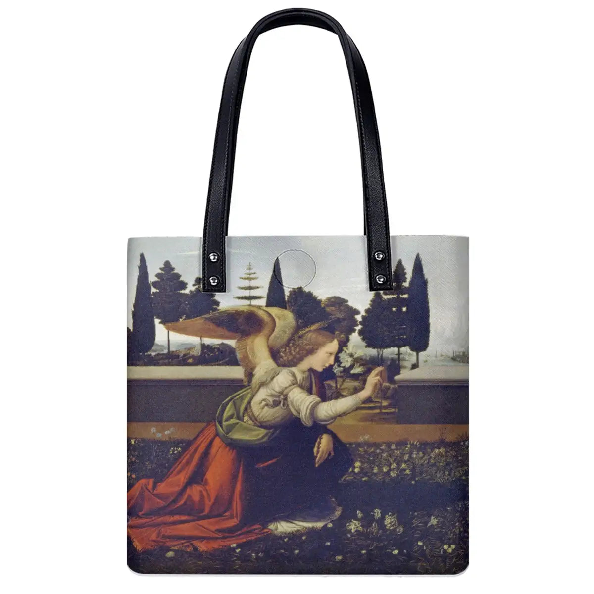 Leonardo da Vinci Annunciation Shoulder Bag in black with double-sided art print showing Virgin Mary and Angel Gabriel