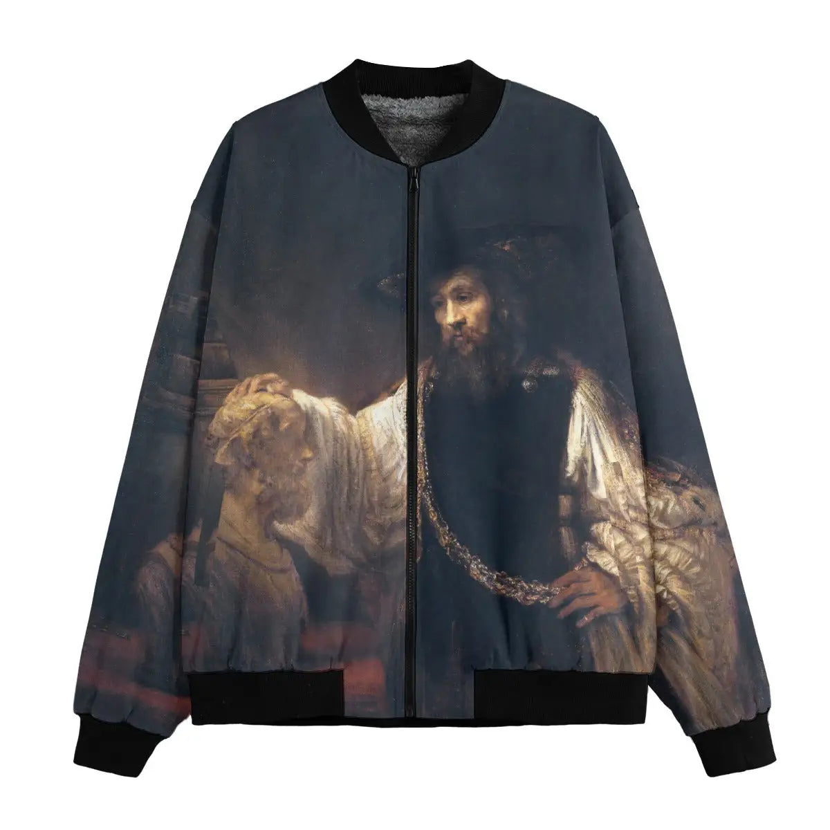 Aristotle with a Bust of Homer by Rembrandt Jacket, front view showing full artwork print on black bomber jacket