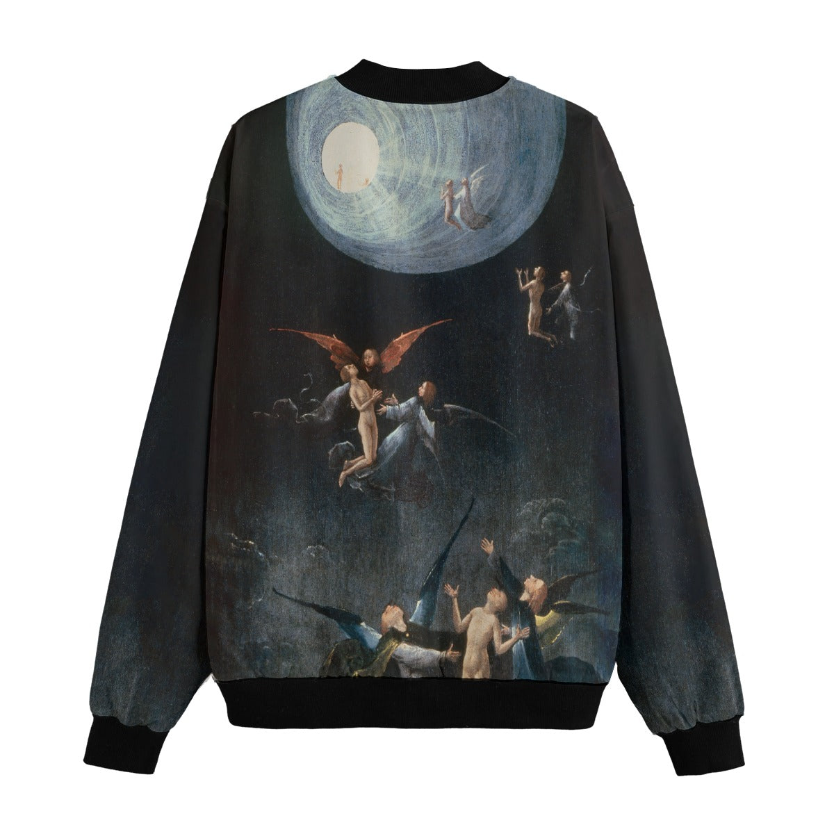 Ascent of the Blessed artistic bomber jacket back panel featuring Bosch's heavenly angels design