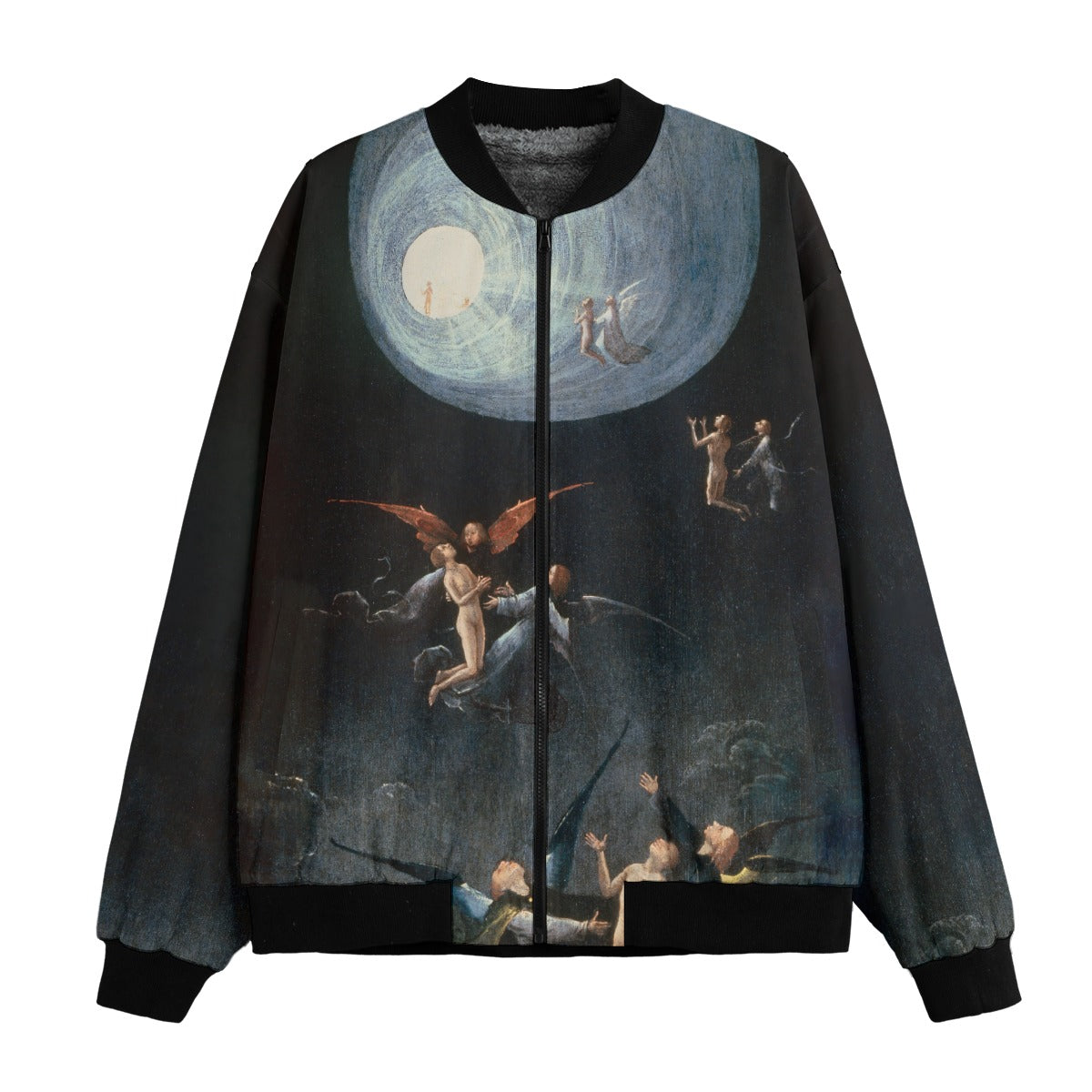 Ascent of the Blessed by Hieronymus Bosch Bomber Jacket front view showing detailed Renaissance artwork