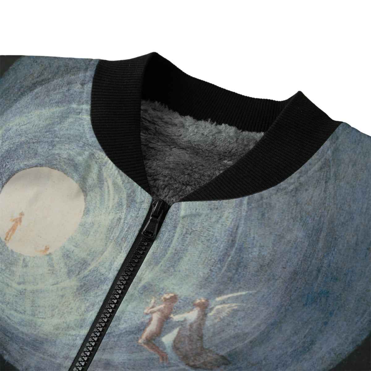 Side profile of Hieronymus Bosch Art Jacket showing premium zipper and recycled polyester fabric