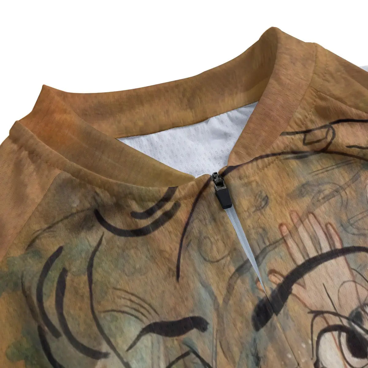 Detailed view of Picabia's transparent overlapping botanical and mechanical forms reproduced on women's cycling jersey