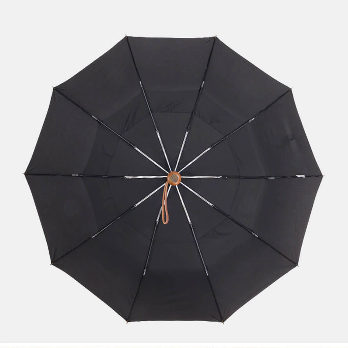 Person holding opened automatic umbrella, displaying luxurious design