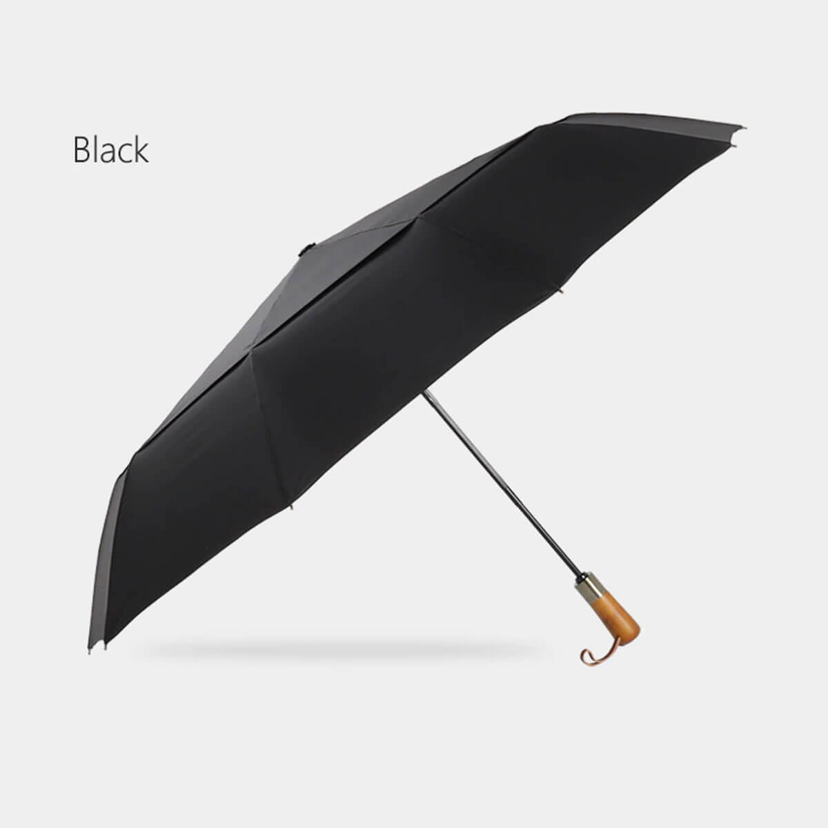 Khaki-colored umbrella with elegant wooden handle, open and closed views