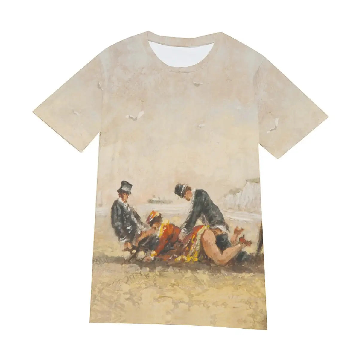 Front view of unisex French Impressionist art T-shirt displaying the complete composition of Paulette Bardy's beach scene, with its balance of natural coastal beauty and provocative human dynamics creating a sophisticated artistic statement.
