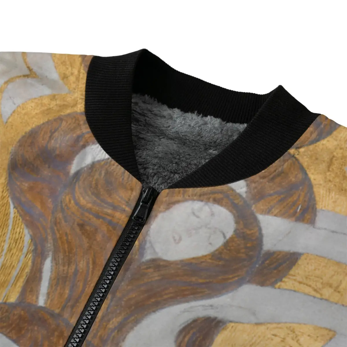 Quality zipper detail of Gustav Klimt Art Bomber Jacket with fleece lining visible