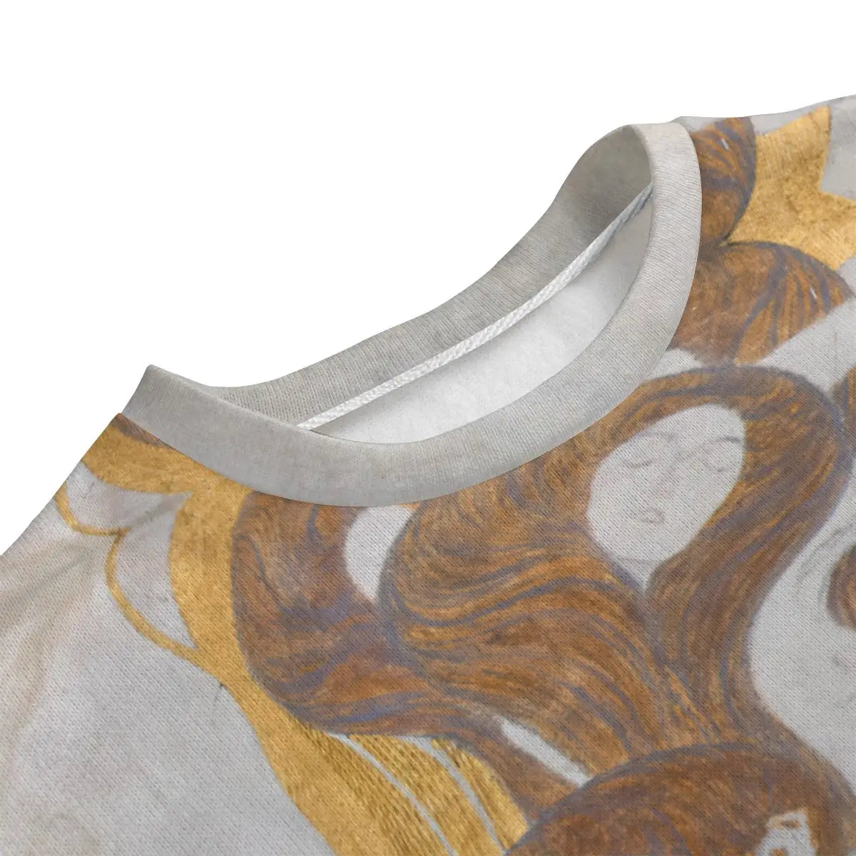 Detailed view of Gustav Klimt's Beethoven Frieze print on artistic sweater fabric