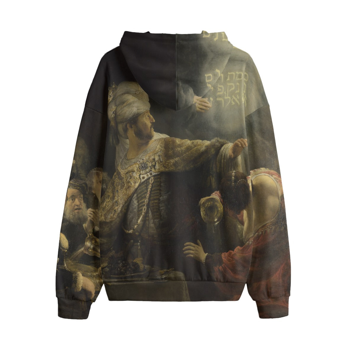 Close-up of Rembrandt's Belshazzar's Feast painting printed on fleece hoodie