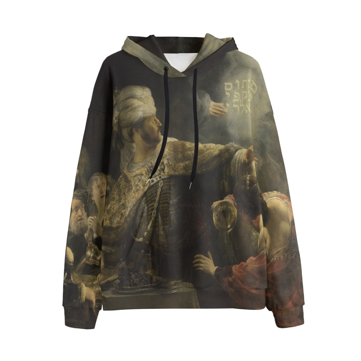 Belshazzar's Feast by Rembrandt hoodie on model, showcasing vibrant artwork details