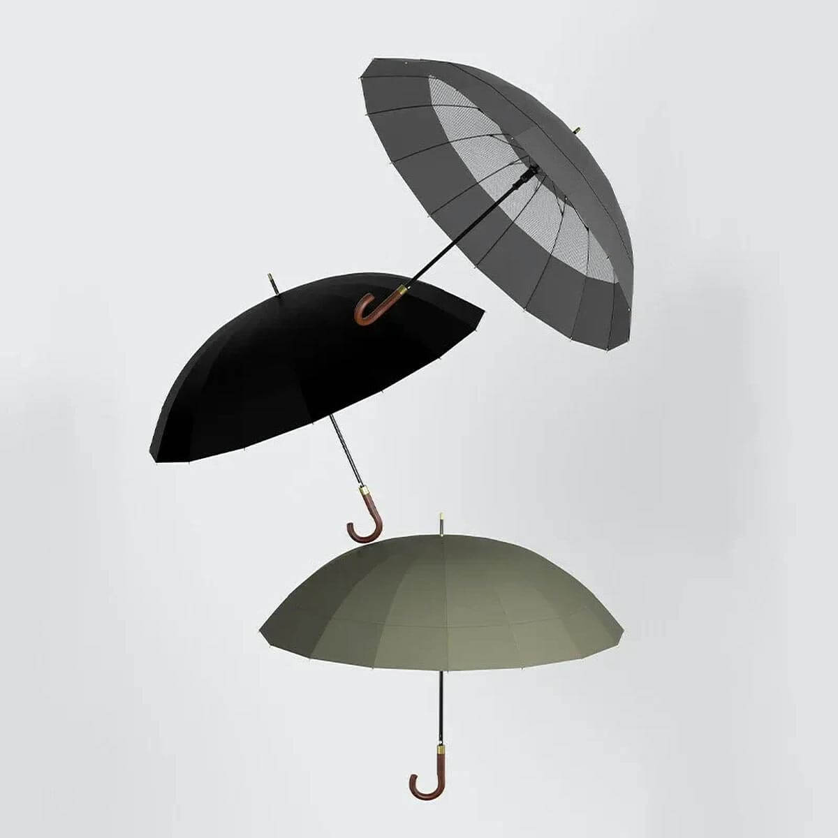 Gray extra-large umbrella with fiberglass frame and wooden handle