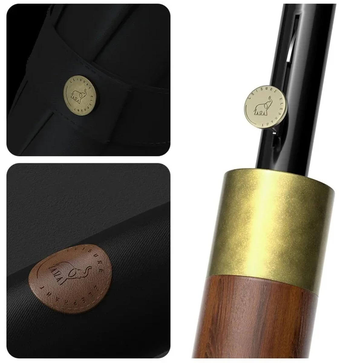 Elegant wooden handle detail on large black Japanese umbrella