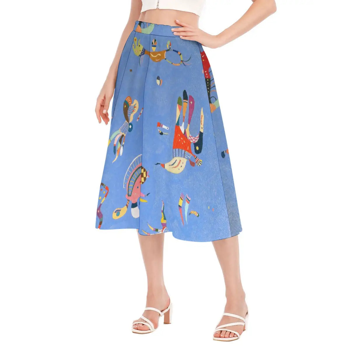 Blue Sky Skirt styled with minimalist silver jewelry and simple navy top for elegant gallery exhibition opening event