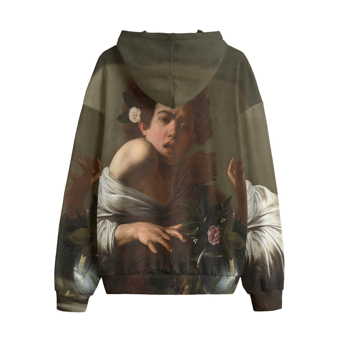 Back view of Boy Bitten by a Lizard Caravaggio Hoodie, displaying full artwork