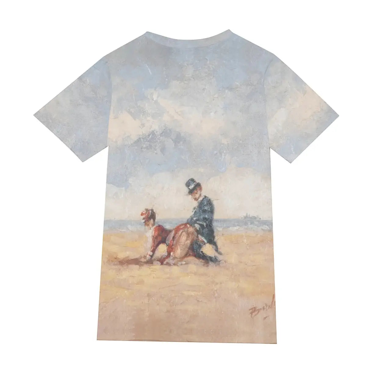 Back view of 190GSM cotton T-shirt showing the continuation of Bardy's sun-drenched Mediterranean scene, demonstrating the seamless 360-degree print quality that captures the full sensual impact of this pioneering female artist's vision of French coastal leisure.