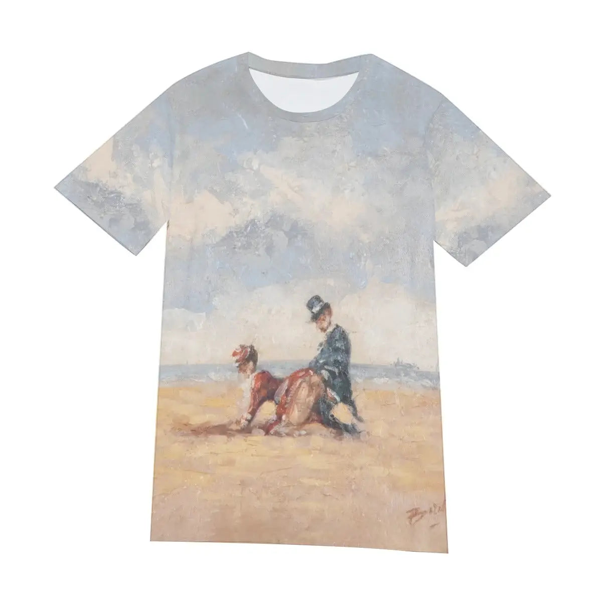 Front view of unisex French Riviera art T-shirt displaying the complete composition of Paulette Bardy's By the Seaside, with its harmonious balance of natural coastal beauty and intimate human narratives creating a sophisticated artistic statement.