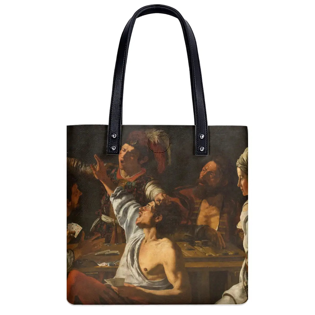 Double-sided art print shoulder bag featuring Caravaggio's Card Players painting