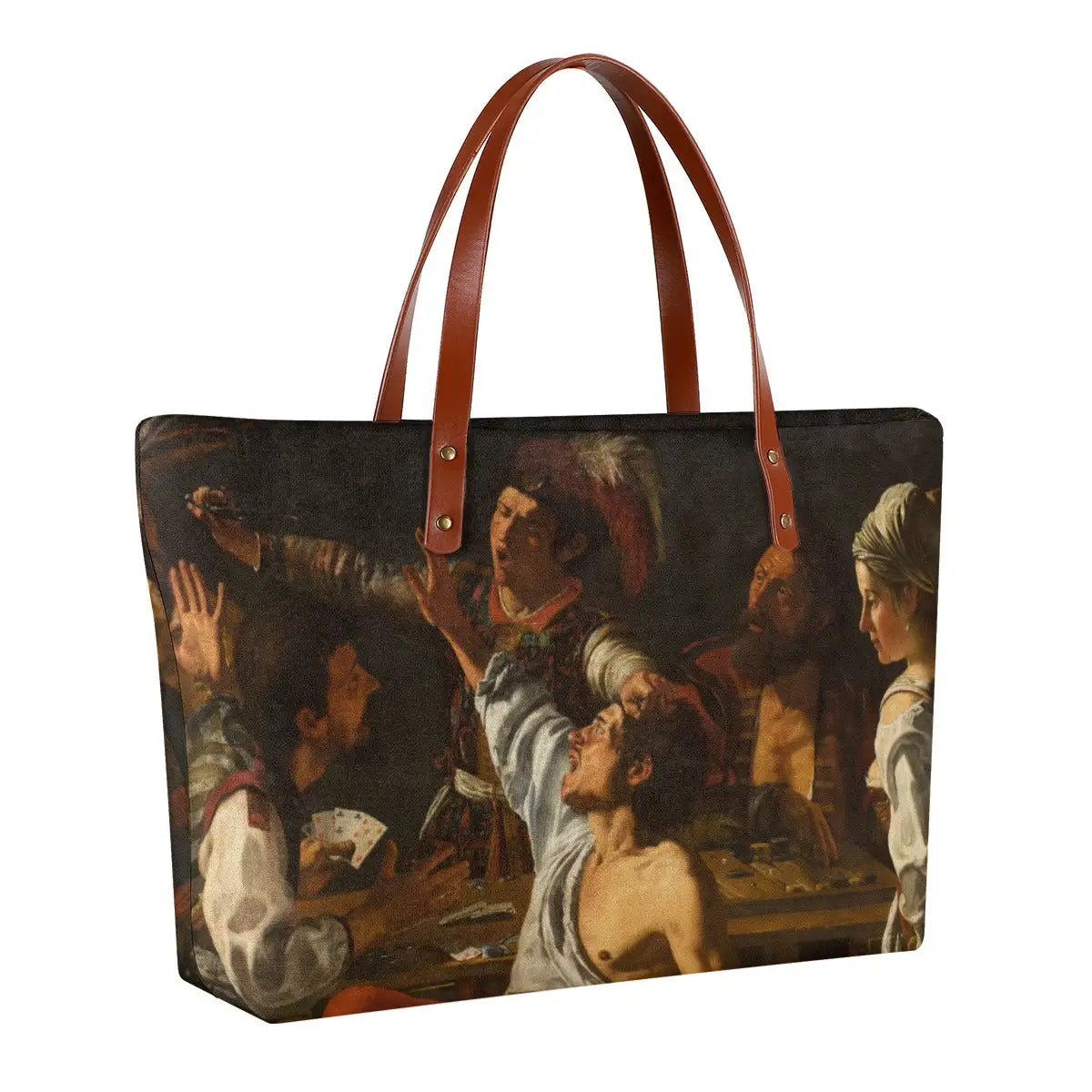 Waterproof art tote bag with Caravaggio's The Cardsharps painting