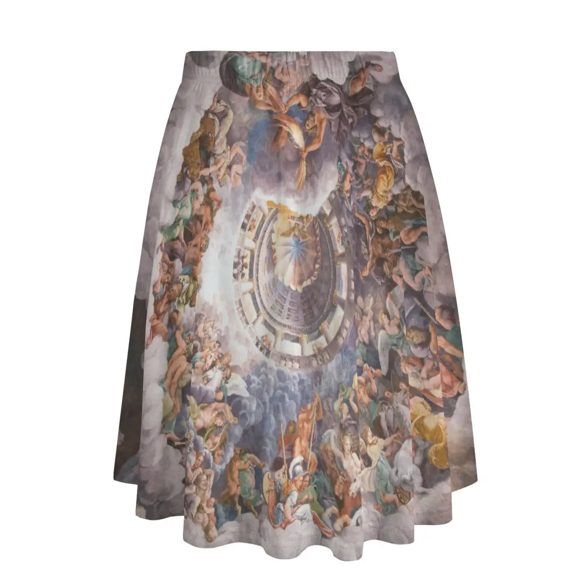 Back view of Mannerist-inspired maxi skirt showing how the epic mythological narrative wraps completely around the garment
