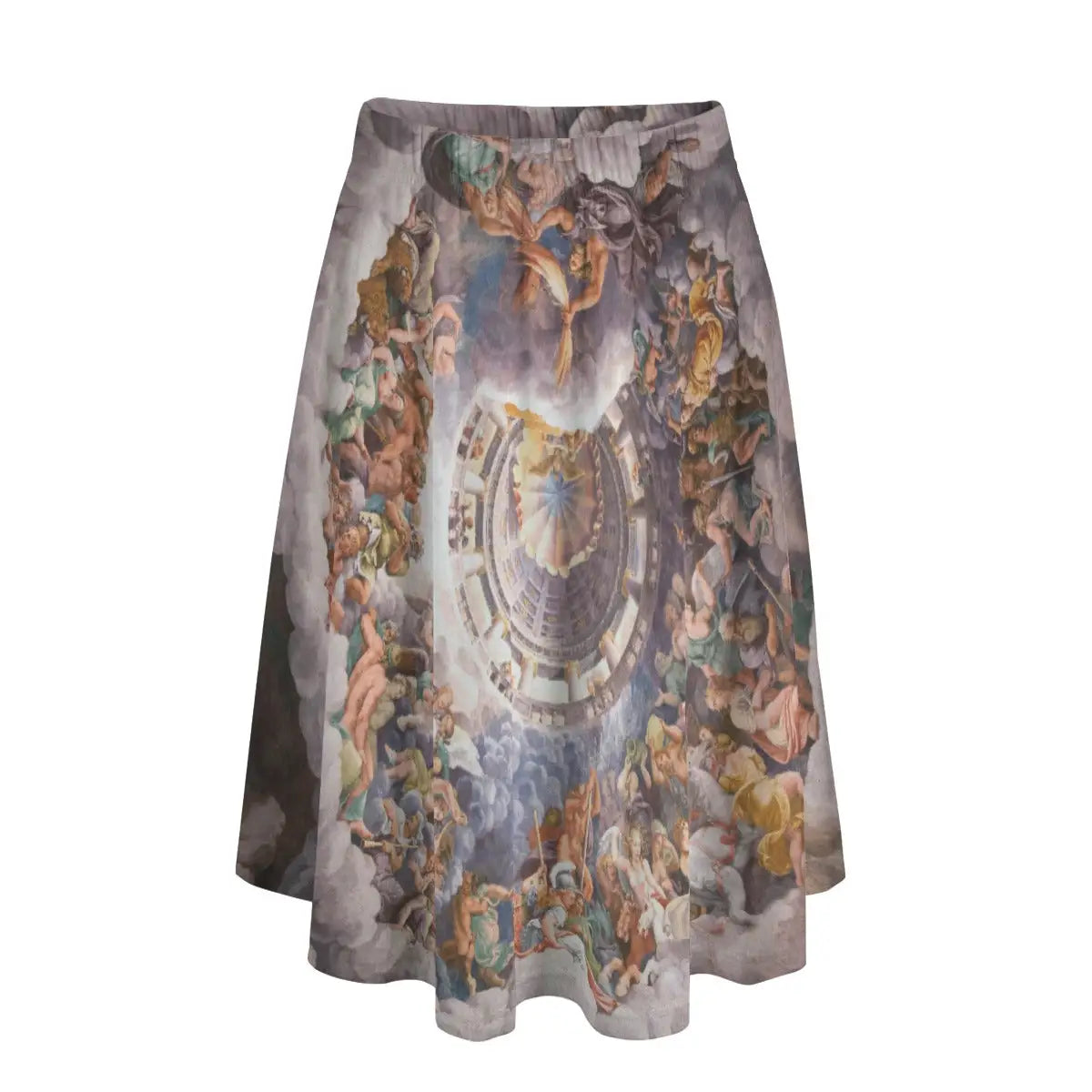 Woman wearing Giulio Romano's Chamber of the Giants long maxi skirt showing the tumultuous battle scene against simple terra cotta top