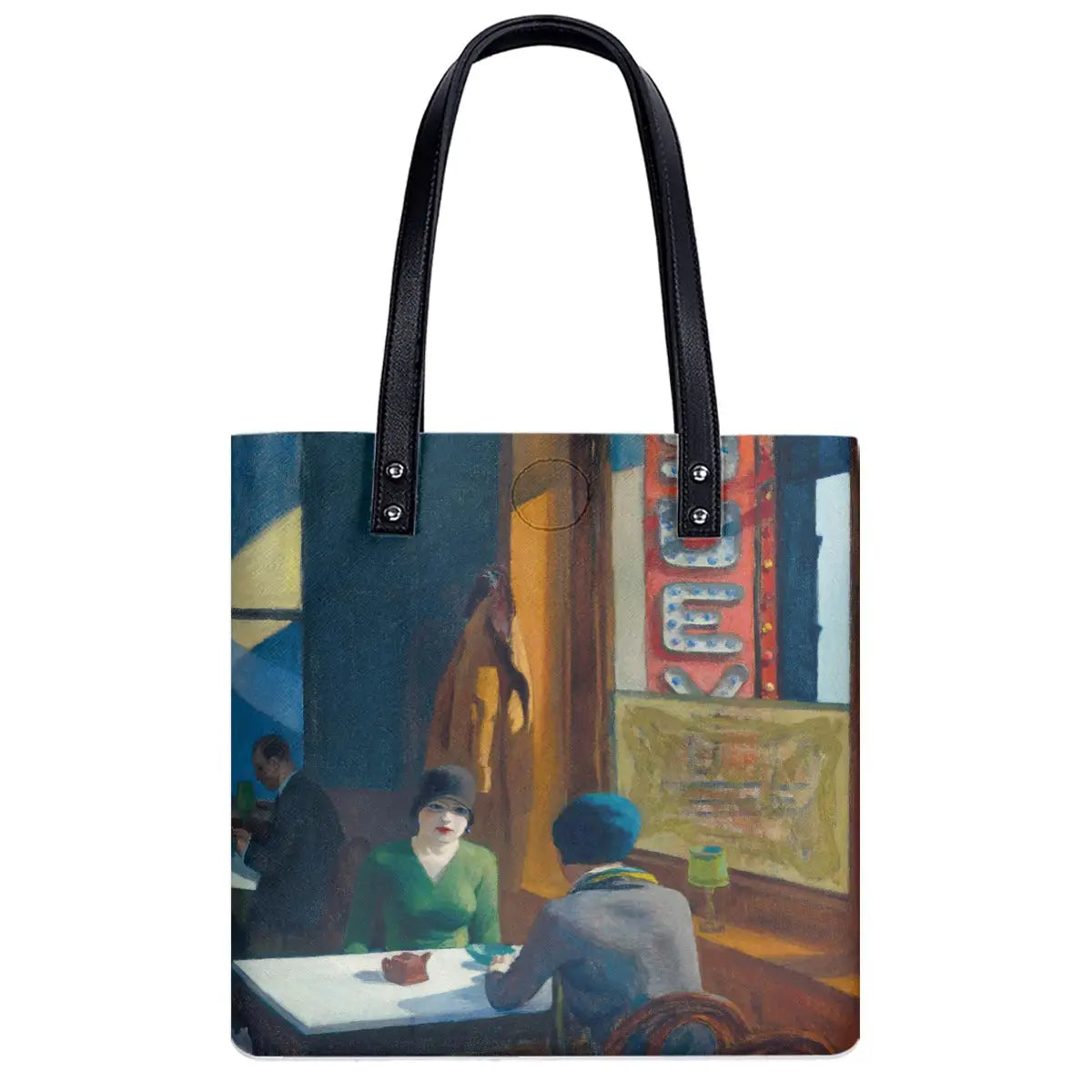 Medium and Large sizes of Chop Suey Art Shoulder Bag with measurements