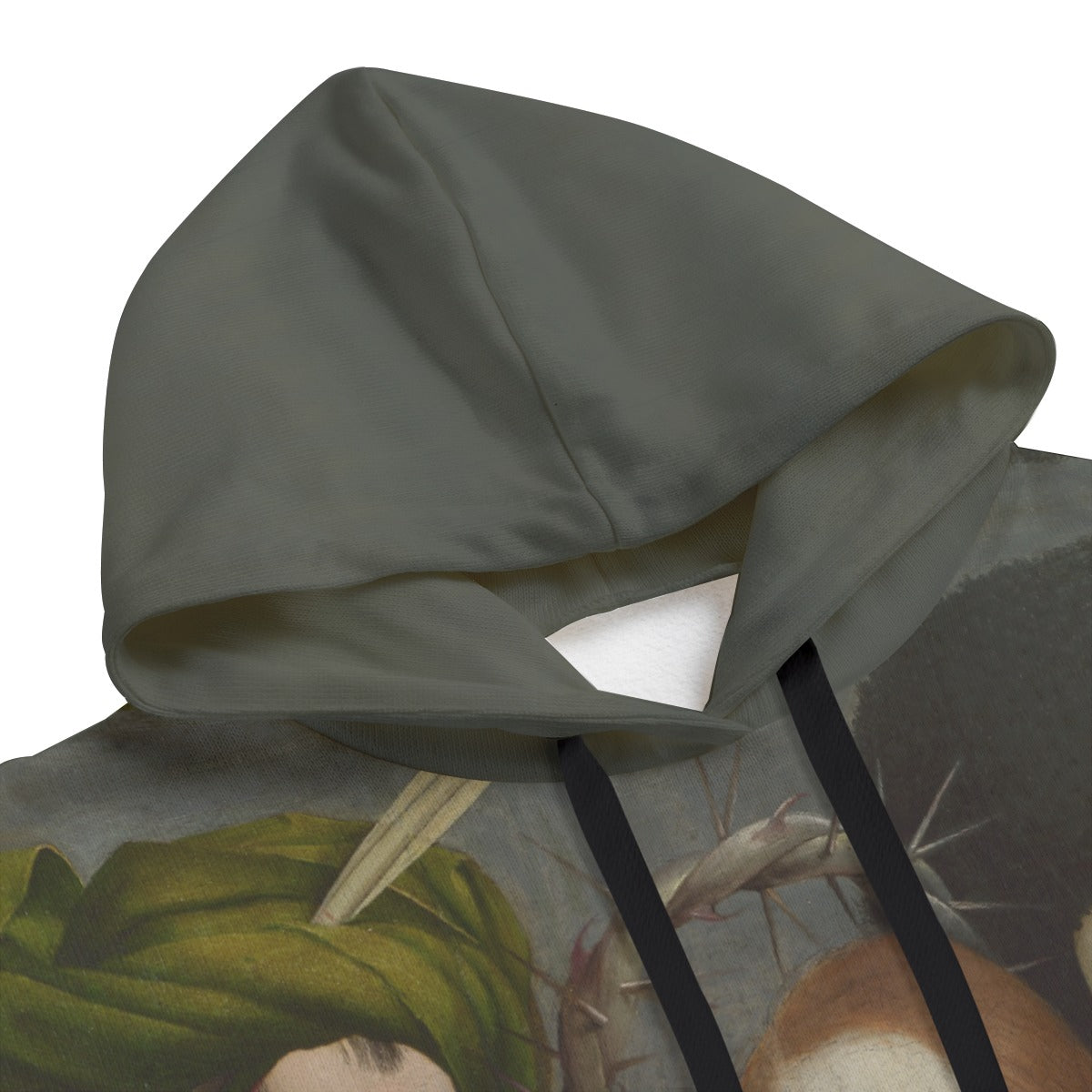 Detail of hoodie sleeve featuring Bosch's intricate Renaissance artwork