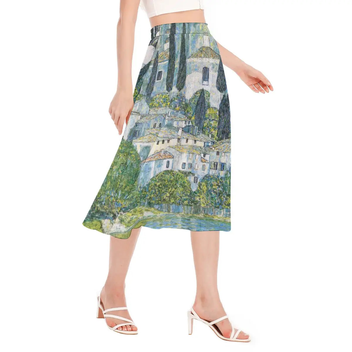 Detail shot of comfortable elastic waistband on Church in Cassone skirt made from recycled polyester, showing the quality construction and smooth transition to the printed fabric.