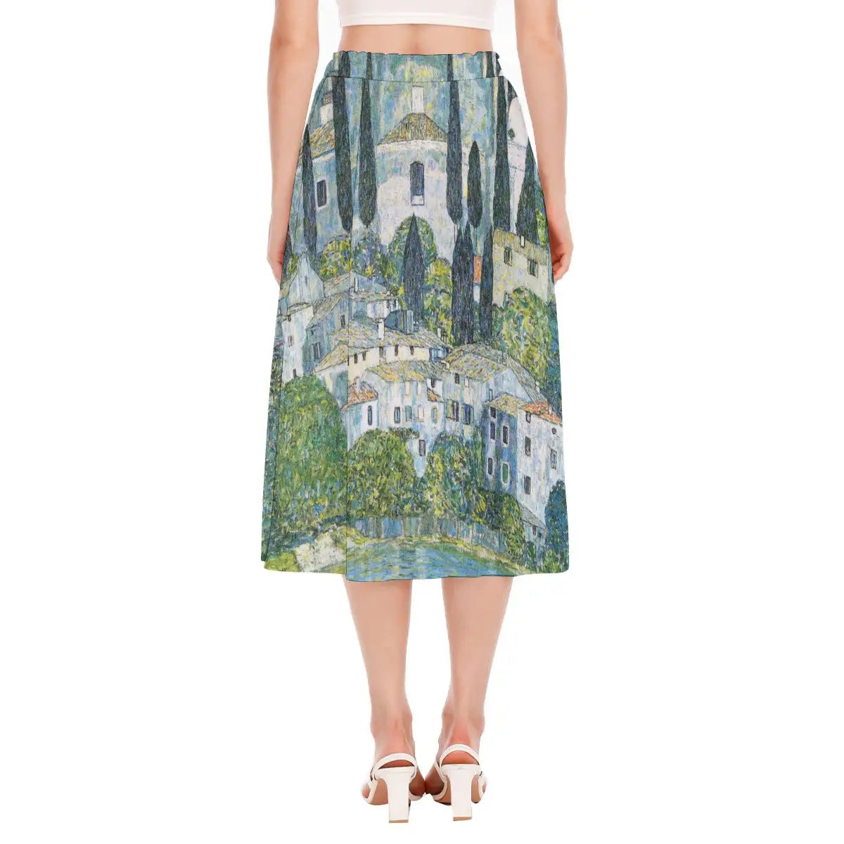 Back view of eco-conscious artistic skirt featuring Klimt's modernist landscape showing how the design wraps around the garment creating a continuous Mediterranean village scene.